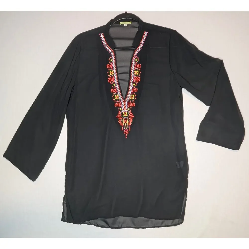 Gianni Bini Resortwear Black Chiffon Beaded Tunic Cover-Up Boho Indie Festival M
